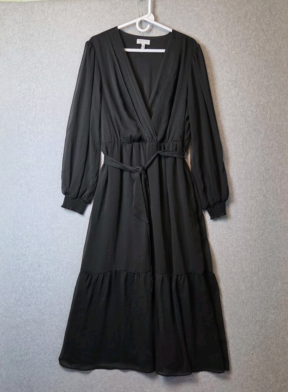 Sofia Jeans Black LS Surplice Belted Midi Lined Dress Women's XL 16 18 Pockets